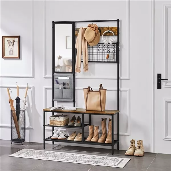 Coat Rack Stand Hall Tree with Mirror Hooks Shoe Bench for Entryway Rustic Brown