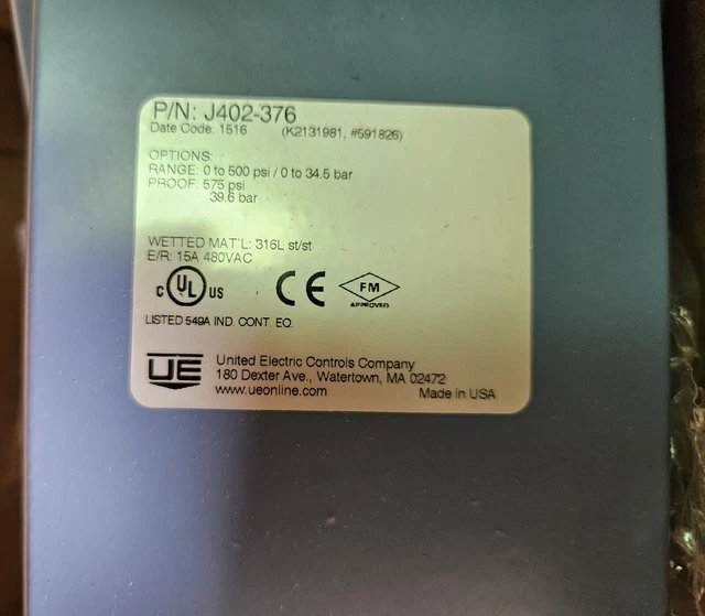 Ue United Electric J402-376 Pressure Switch 0-500psi 480v-ac