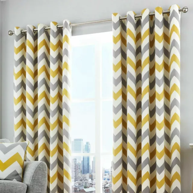 100% Cotton Zig-Zag Chevron Ochre Grey & White Lined Eyelet Curtains OR Cushions