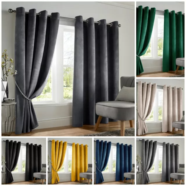 Blackout Curtains Thick Velvet Eyelet Ring Top Ready Made Lined Curtain Pair