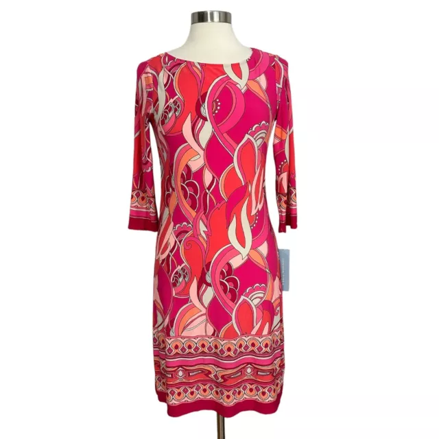 NWT London Times Size 4 Hot Pink Geometric Floral Swirl Print Long Sleeve Dress