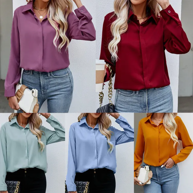 Long Sleeve Button-up Tops Blouse Chiffon Shirt Women T Shirts Fashion Solid