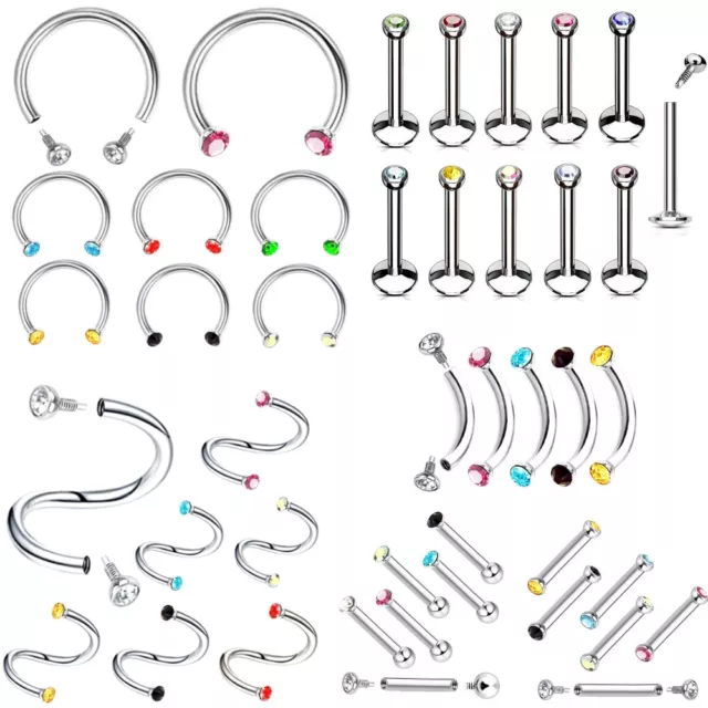 6X Internal Thread Universal Nose Labret Ear Stud Eyebrow Crystal Piercing Set