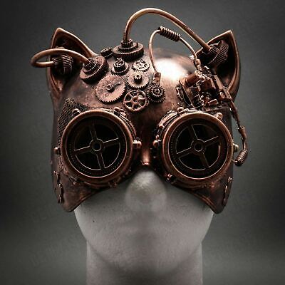 Gatto Cat Steampunk Goggles Copper Mardi Gras Venetian Masquerade Halloween Mask