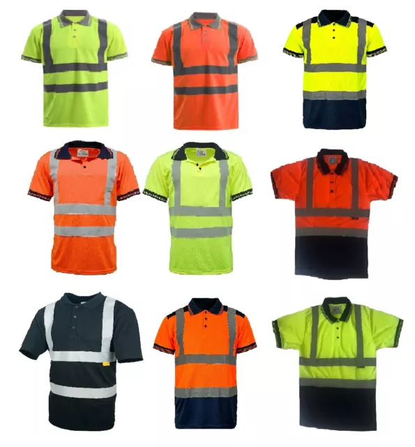 Hi Viz High Visibility Collar Polo T-Shirt Reflect Tape Safety Work Top 2 Tone