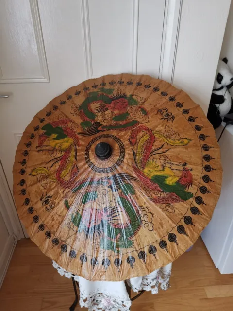 Traditional Vintage Chinese Oil or Rice Paper Sun Umbrella/Parasol with Hand Pai