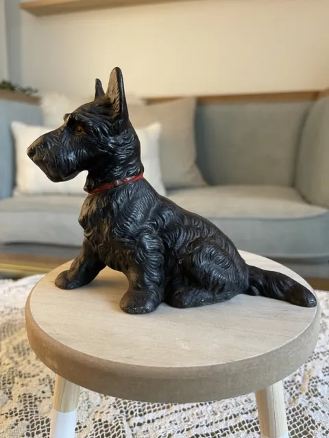 Hubley Cast Iron Scottie Terrier Seated Dog Bank Black Red Collar 5” Tall