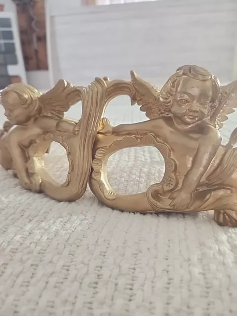 2 Vtg Angel Cherub Drapery Curtain Rod Wall Hanging Sconces Swag Holders Gold