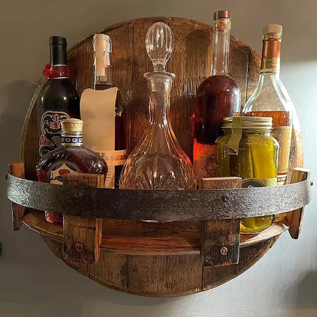 Wooden Whiskey Barrel Shelf Hand Crafted Wall Mounted Wine Bottle Display Rack