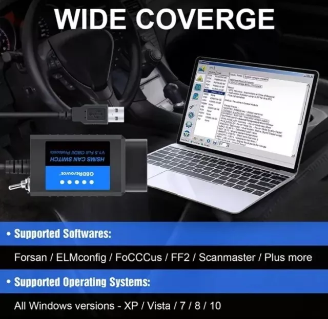 Scanner Diagnosi Auto  Switch Hs-Ms Can Diagnostica con Cavo USB ELM327 OBD2 2