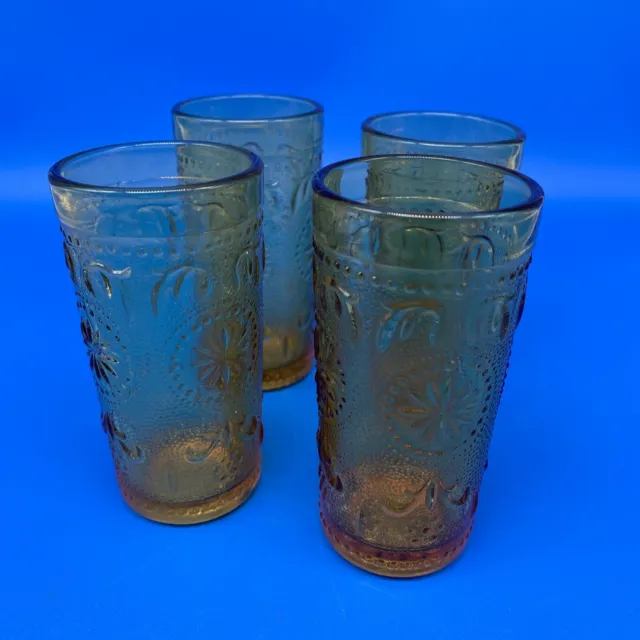 4 Vintage American Concord Brockway Glass Amber Colored Flower 4" Juice Glasses