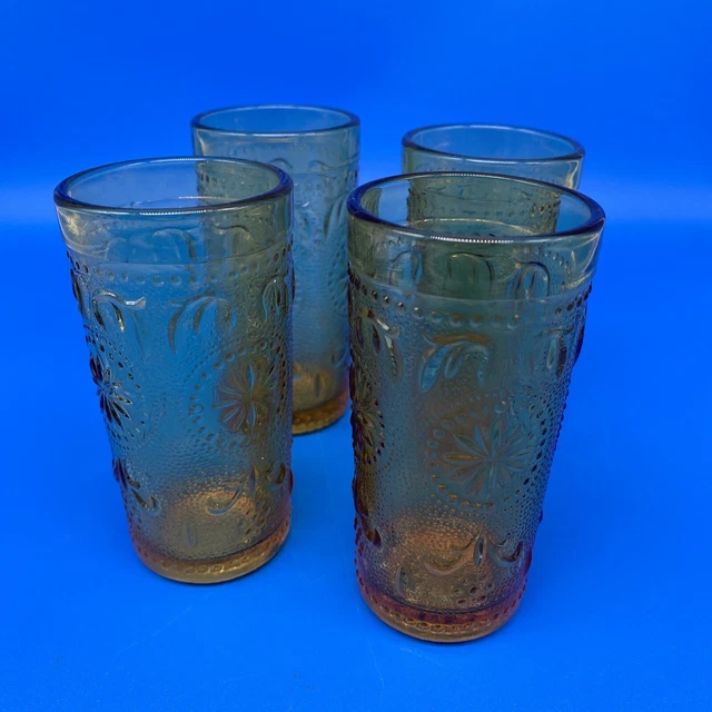 4 Vintage American Concord Brockway Glass Amber Colored Flower 4" Juice Glasses