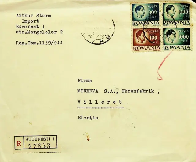 ROMANIA 1946 POST WWII 4v ON BUCURESTI REGD COVER TO VILLERET SWITZERLAND