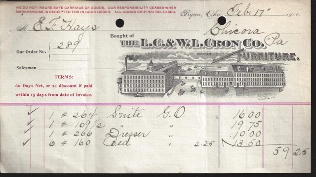 1900 The L.C. & W.L. Cron Co. Piqua Ohio Receipt Antique Ephemera