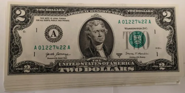 1 (one) 2017 A (series) TWO DOLLAR $2 Note CRISP UNCIRULATED, Sequential Notes.