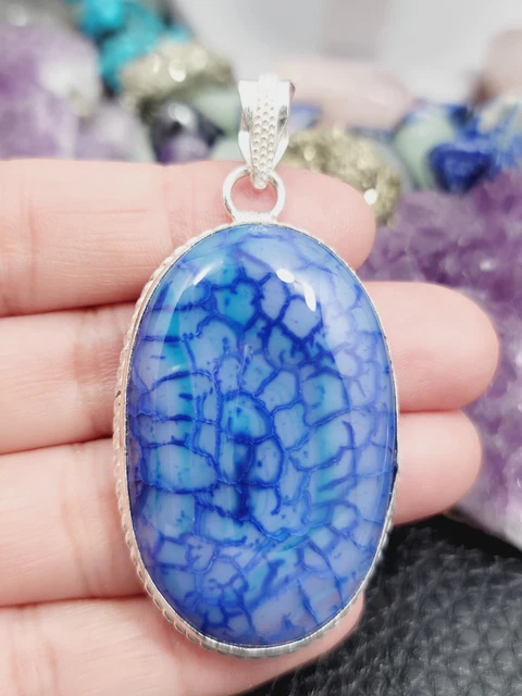 Drusy Solar Quartz "Blue" 925 Sterling Silver Pendant "Chain 20" Large Gemstone