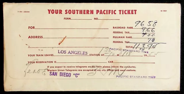 1955 TWO TICKETS Southern Pacific Railroad Lines Los Angeles To San Diego-E11-E