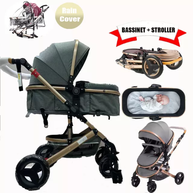 9 IN1 Reversible Baby Pram Stroller Bassinet  Shock Absorbers Jogger Push Chair