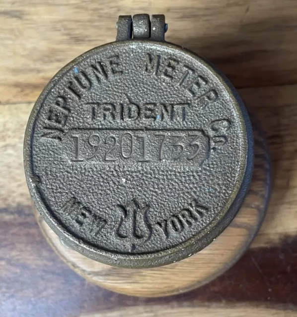 Vintage Neptune Meter Co. New York Brass Water Meter Cover Wood Base Trinket Box
