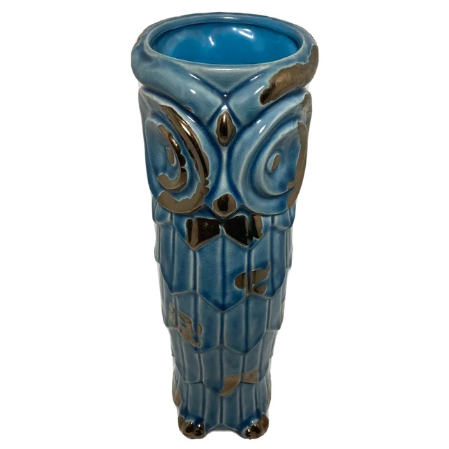 Vintage 15" Tall MCM Blue Gilt Ceramic Art Pottery Owl Vase Figurine