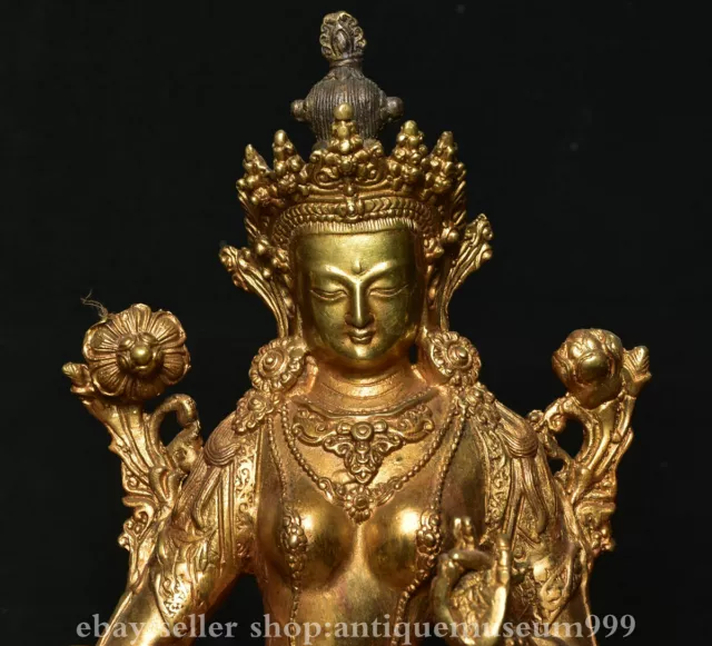 8.4" old Tibet Copper Green Tara Mahayana Buddhism enlightenment Goddess statue 2