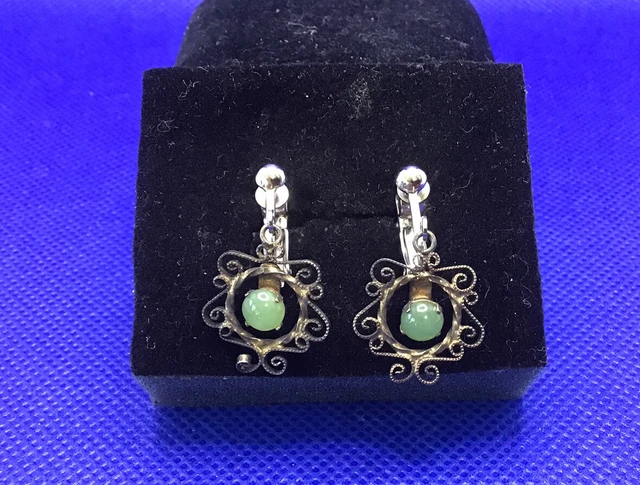 Vtg Earrings Sorrento Sterling Silver Jade Stone Dangle Filigree Setting