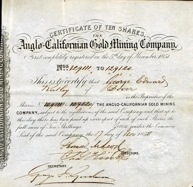 1853 Anglo-Californian Gold Mining Stock Certificate