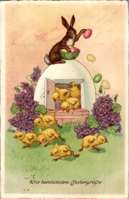 Ak Frohe Ostern Osterhasen Mit Kücken Und Ostereiern Col. 1940