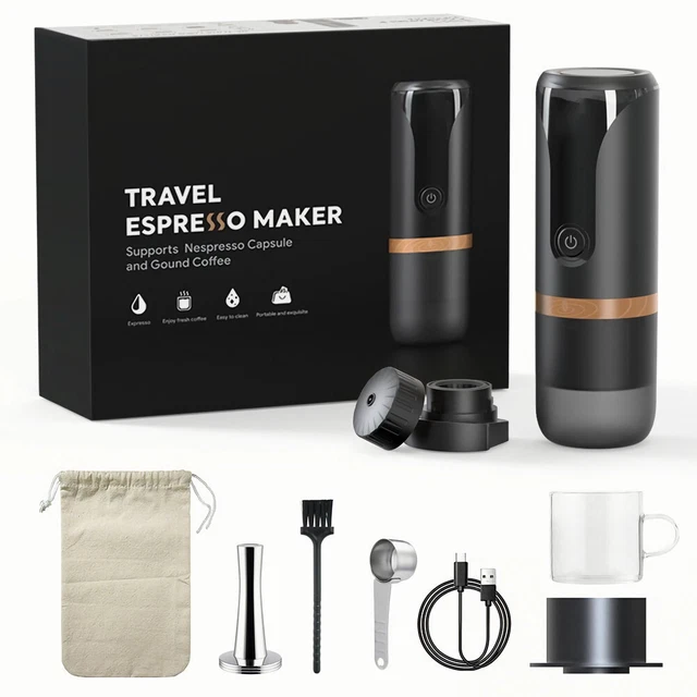 PORTABLE ESPRESSO MACHINE 9 Bar Pressure Rechargeable 2 in 1 Small