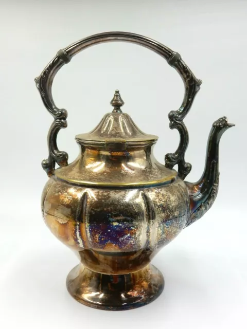 Vintage Silverplate On Copper Ornate Handle Lidded 10.5" Tall Tea Or Coffee Pot