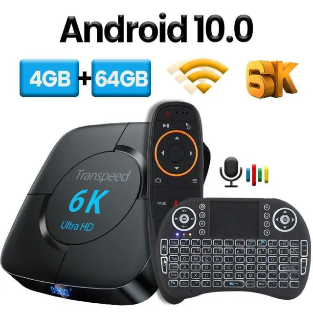 Reproductor Multimedia Transpeed-TV Box con Android 10.0 Voz Asist, 6K, 3D, Wifi