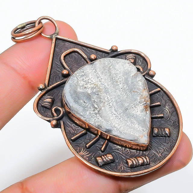 Desert Rose Druzy Gemstone Handmade Ethnic Copper Jewelry Pendant 2.88"