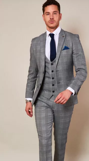 Marc Darcy “Jerry” 3 Piece Suit Grey And Blue Check   Textured C40 W36 Leg31