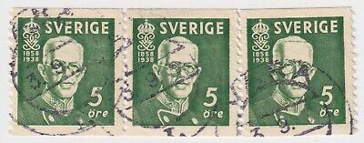 1938 Sweden - 80th Anniversary Birth King Gustaf V - Block 3 x 5 Ore Stamps