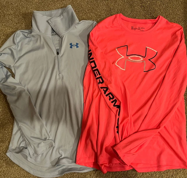 Lot 2 Girls Under Armour Youth  XL 14-16 1/4 Blue Zip Up Neon Pink Long Sleeve
