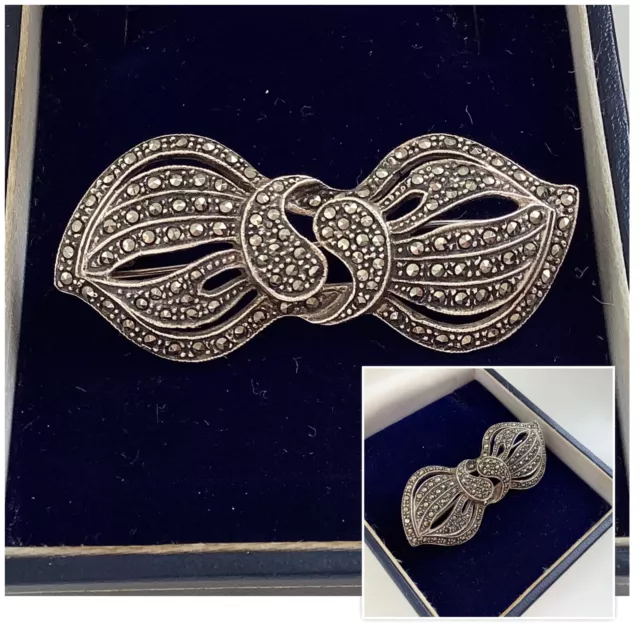 Vintage Jewellery Sterling Silver & Marcasite Bow Brooch Dress Pin