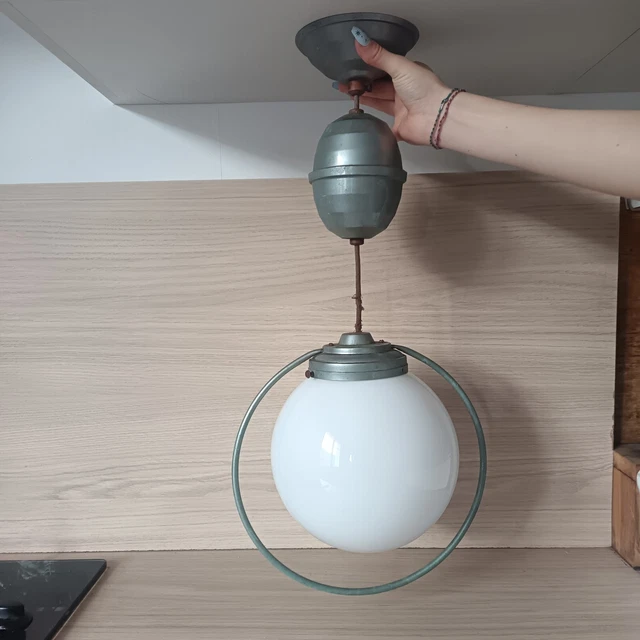Ancien Globe Opaline Couleur Soleil – Suspension Bronze, Style Château/bateau