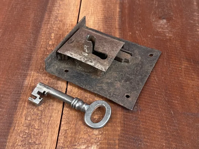 Antique 19th Century Hand-Forged Recessed Drawer Door Lock + Key