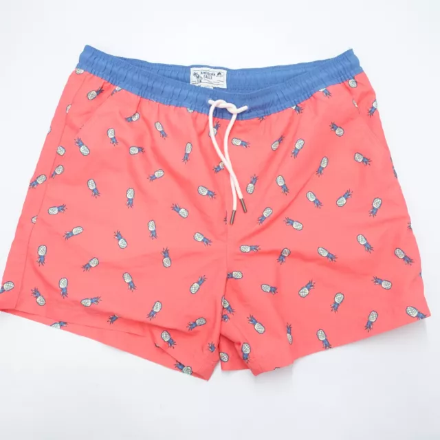 American Eagle Swim Shorts Men's Medium Coral Pineapple Print Lined Drawstring