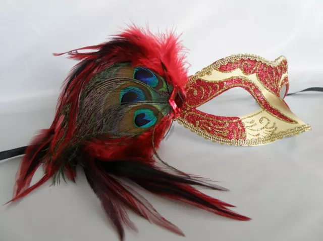 Venetian Masquerade Party Mask - Red & Gold With Peacock Feathers - NEW -