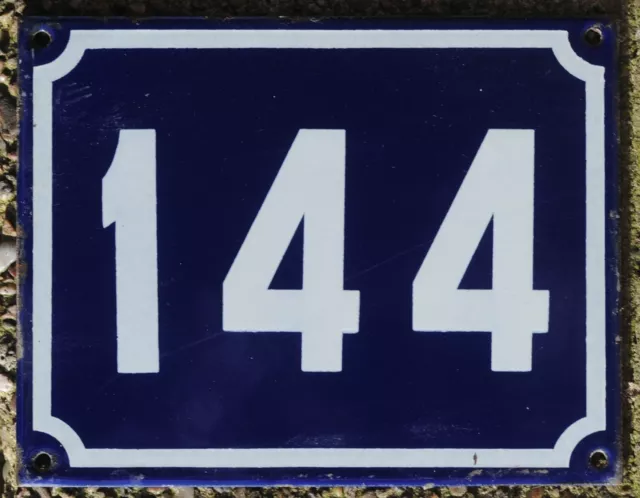 Large old blue French house number 144 door gate plate plaque enamel sign NOS