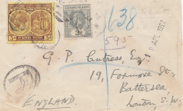 Leeward Islands: 1922 Registered To Battersea/London