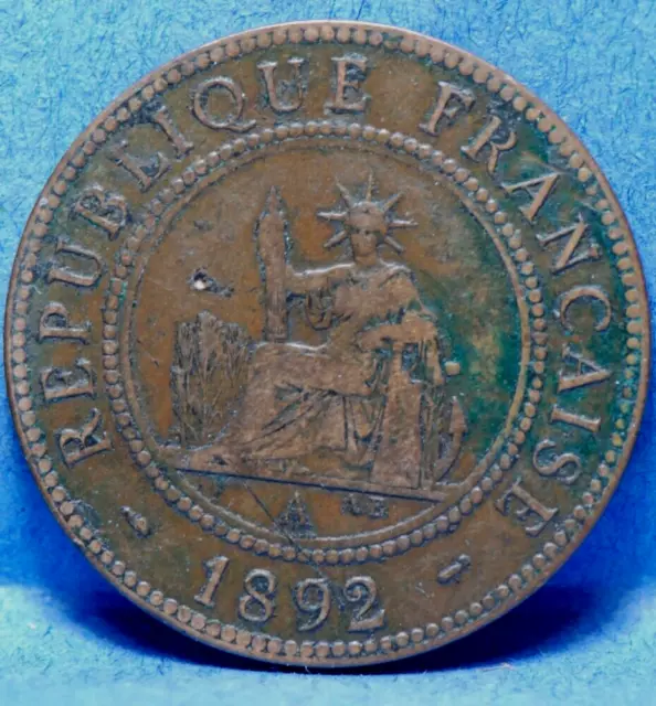 French Indochina, 1892 Cent, KM1, Very Fine, soil, pinhole, NR, Key Date, 3-27