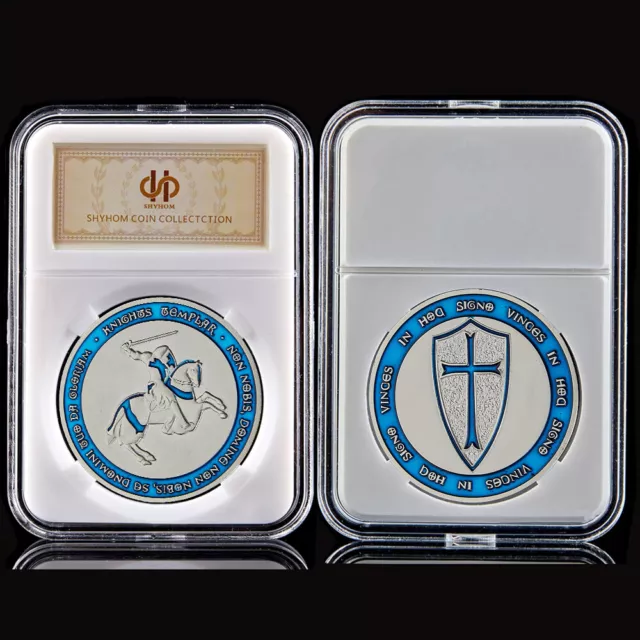 Crusaders Cross Holy Sword Blue Knights Templar Souvenir Challenge Silver Coin