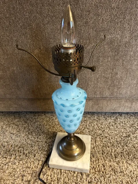 Vintage Blue Opalescent Coin Dot Marble Base Electric Lamp