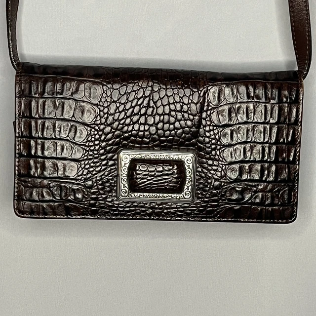 Vintage BRIGHTON Brown Crocodile Clutch Organizer Wallet Purse Crossbody Bag