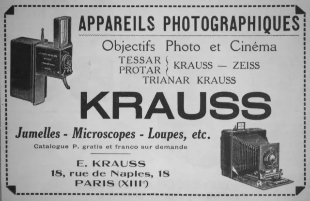 Publicité 1922 Krauss Appareils Photographiques Objectifs Photos Et Cinéma Zeiss