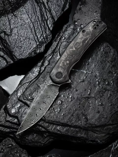Civivi Nox Black Marble Carbon Fiber Framelock Damascus Blade Folding Knife New