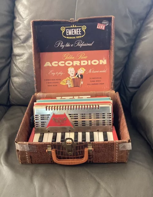 Vintage 1955 Emenee Musical Small Golden Piano Accordion #405 W/Box