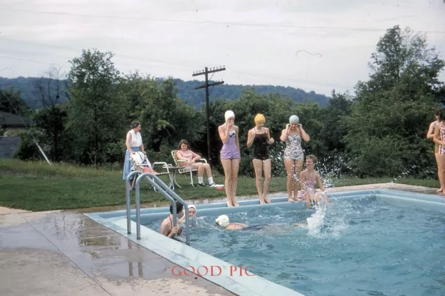 #Z114- h Vintage 35mm Slide Photo- Women at Swimming Pool-Red Kodachrome 1950s